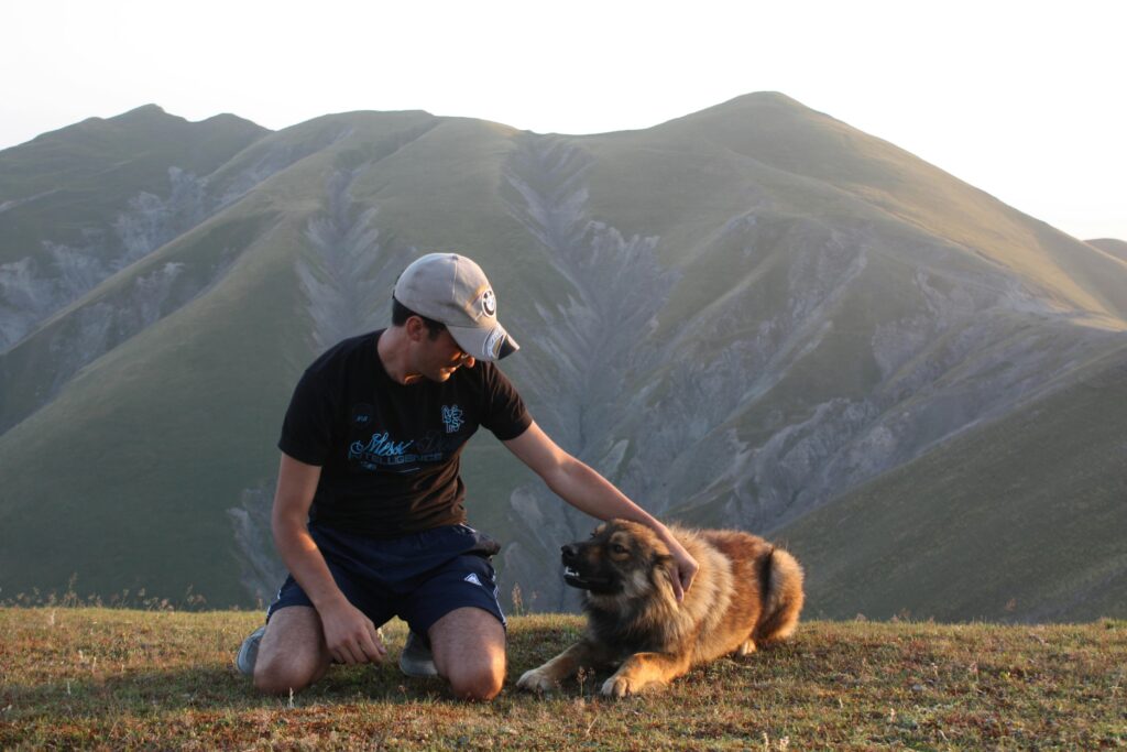 A man pets his dog while sitting on a grassy mountainside during sunset.